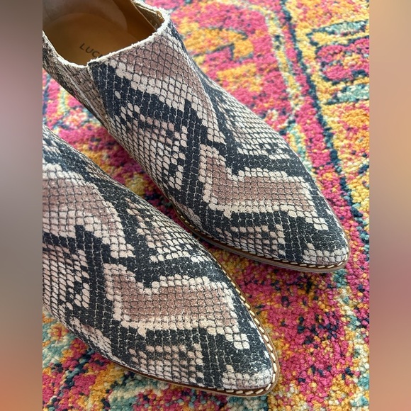 Lucky Brand | Women’s black/tan leather snakeskin pattern Tabea ankle booties, 8 - Picture 8 of 14